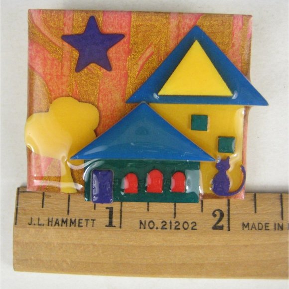 Lucinda House Pins Brooch 2.2 inch Pin Cat Jewelry Homes Star Tree Kitty Cat - Picture 2 of 4